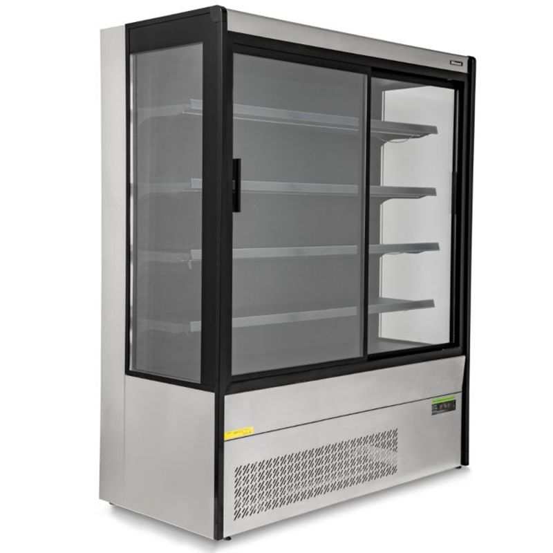 Blizzard BTD200SS-GD Stainless Steel Refrigerated Tiered Multi Deck Display With Sliding Glass Doors, Angled Front/Left Side View