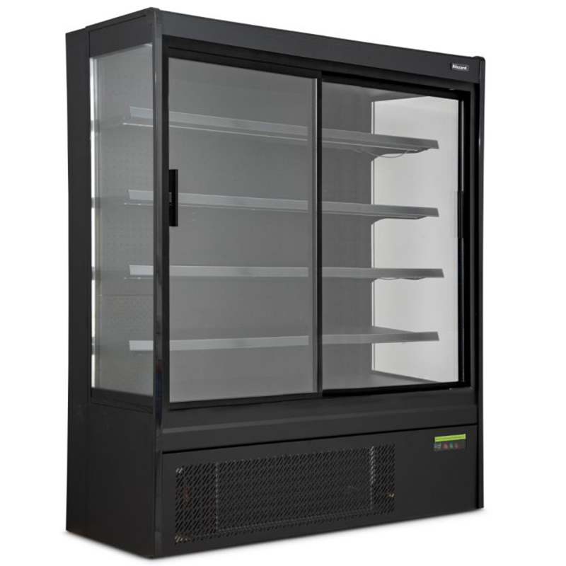 Blizzard BTD200BK-GD Refrigerated Multi Deck Tiered Display In Black With Sliding Glass Doors, Angled Front/Left Side View