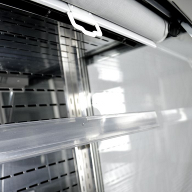 Blizzard GRAB60 Refrigerated Grab 'n' Go Open Front Merchandiser 600mm Wide, Close Up View Of Shelving, Ticket Strips And Night Blind