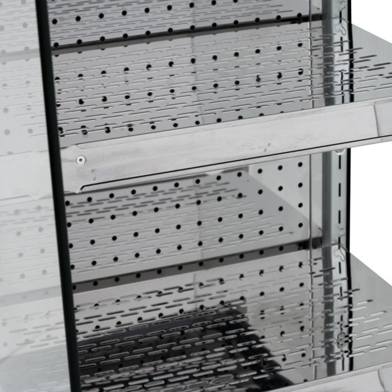 Blizzard BHD50 Heated Tiered Display, Close Up View Of Perforated Stainless Steel Shelving