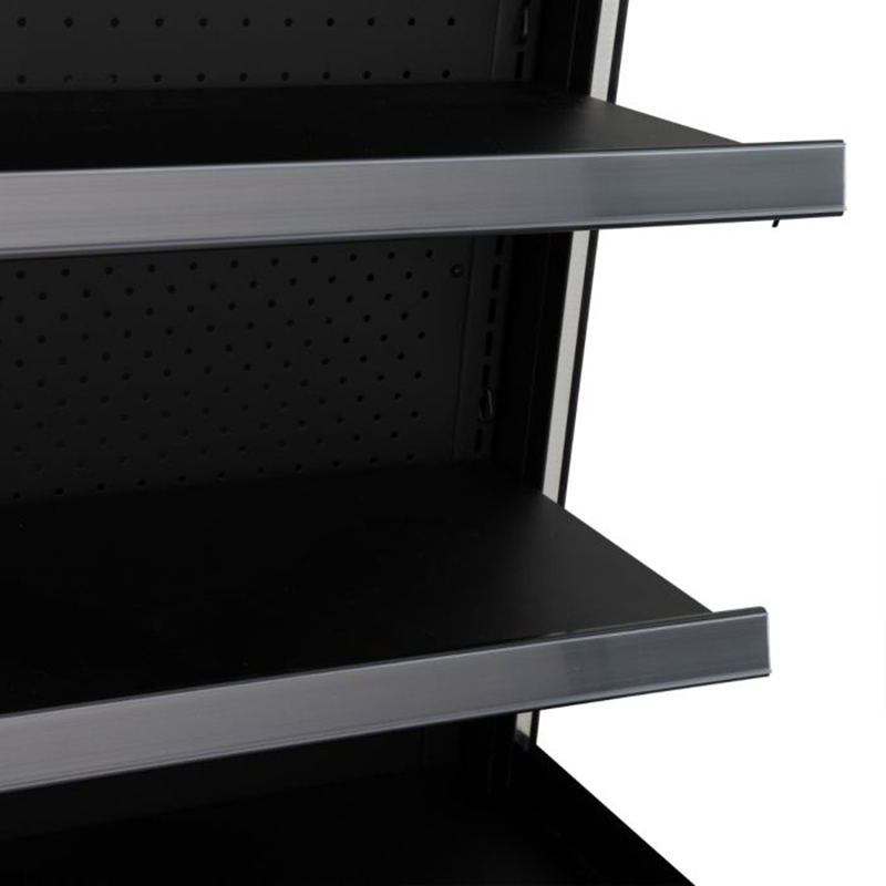 Blizzard BTD200BK-GD Refrigerated Multi Deck Tiered Display In Black With Sliding Glass Doors, Close Up View Of Shelving Within The Appliance
