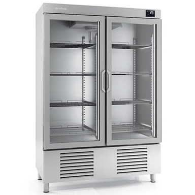 Infrico AEX1000TF Stainless Steel Double Glass Door Refrigerator 1110L Capacity, Angled Front/Left Side View