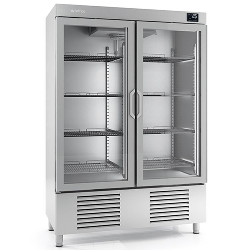 Infrico AEX1000TF Stainless Steel Double Glass Door Refrigerator 1110L Capacity, Angled Front/Left Side View
