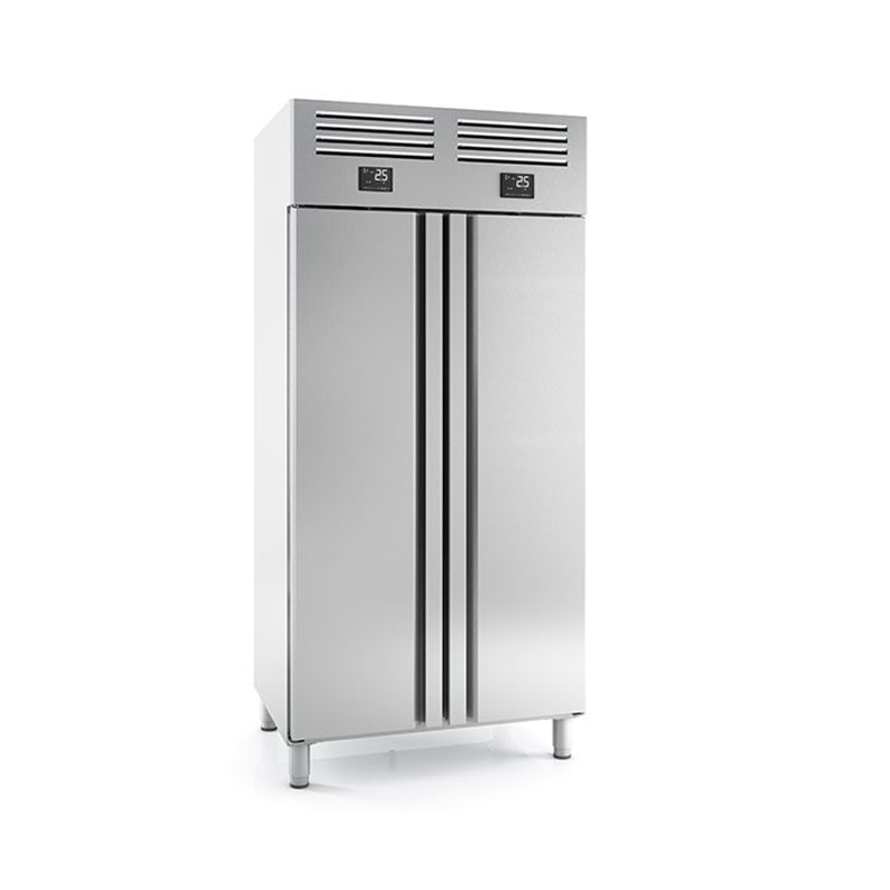 Infrico AGN602MIX Stainless Steel Double Door Fridge Freezer 325L+325L Capacity Angled Front/Left Side View