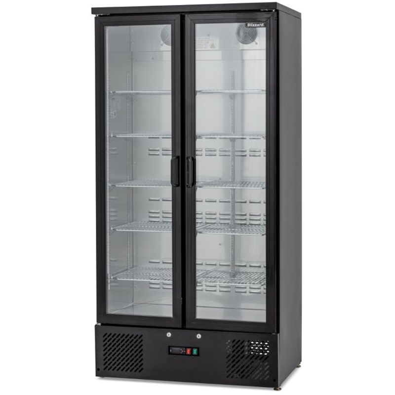 Blizzard BAR20 Upright Double Hinged Glass Door Bottle Cooler In An Angled Front/Right Side View