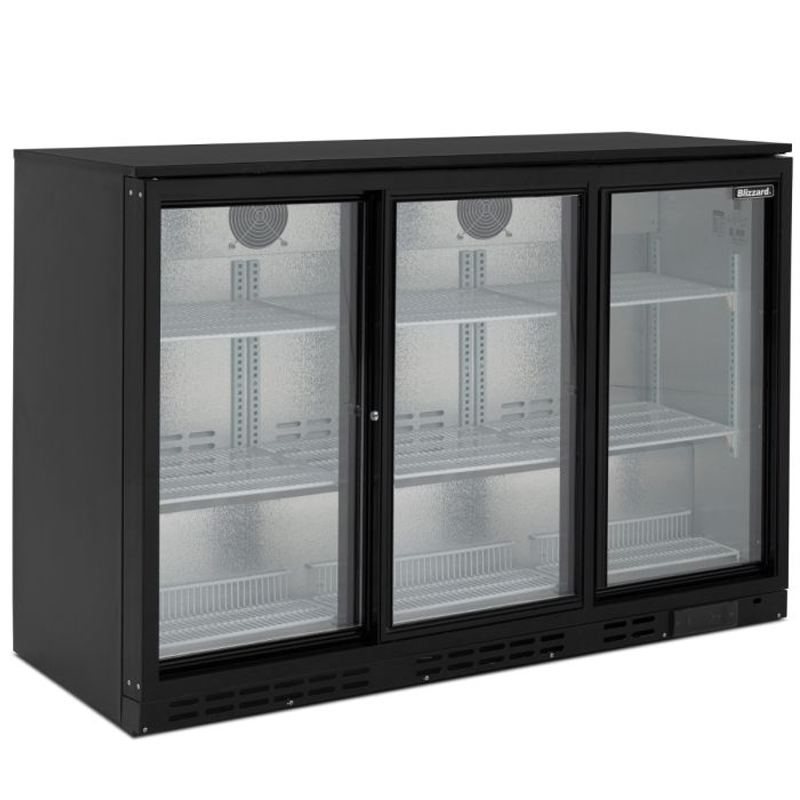 Blizzard BAR3SL Triple Sliding Glass Door Bottle Cooler Left Side/Front Angled View