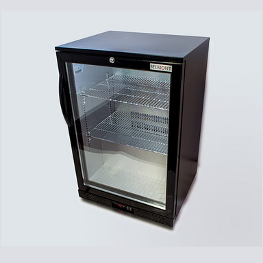 Belmont BC6007K Hinged Single Door Bottle Cooler Black, Angled Front/Right Side View