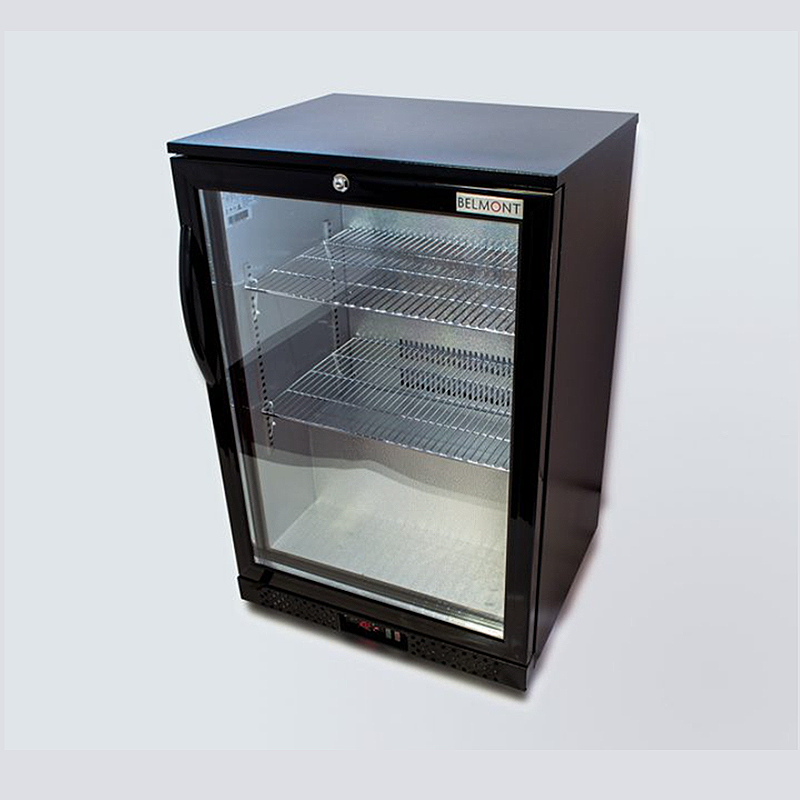 Belmont BC6007K Hinged Single Door Bottle Cooler Black, Angled Front/Right Side View
