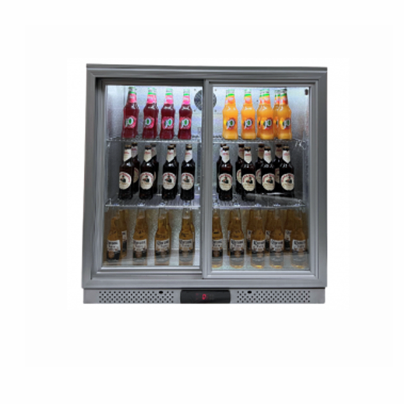 Belmont BC9027G-Belmont Double Sliding Door Bottle Cooler Silver, Front Facing View