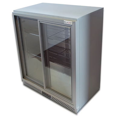 Belmont BC9027G-Belmont Double Sliding Door Bottle Cooler Silver, Angled Front/Right Side View