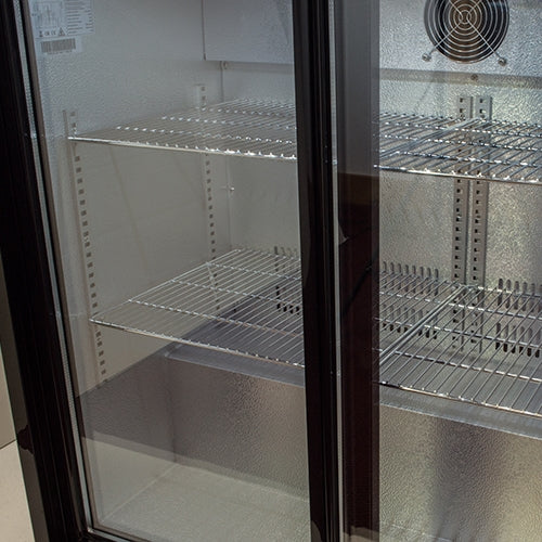 Belmont BC9027K-Belmont Double Sliding Door Bottle Cooler Black, Close Up View Inside The Bottle Cooler