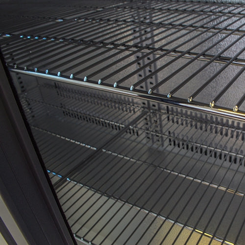 Belmont BC9027K-Belmont Double Sliding Door Bottle Cooler Black, Close Up View Of Chrome Wire Adjustable Shelving