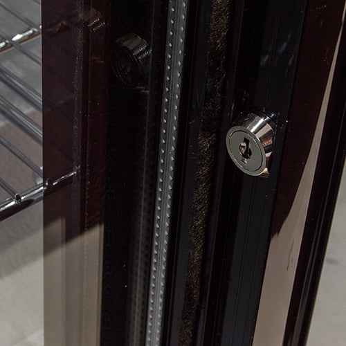 Belmont BC9027K-Belmont Double Sliding Door Bottle Cooler Black, Close Up View Of The Door Lock