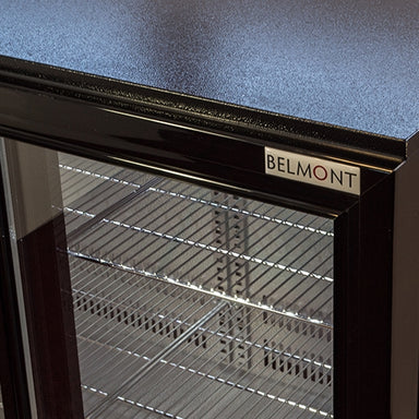 Belmont BC9027K-Belmont Double Sliding Door Bottle Cooler Black, Close Up View Of Sliding Door And Belmont Branding