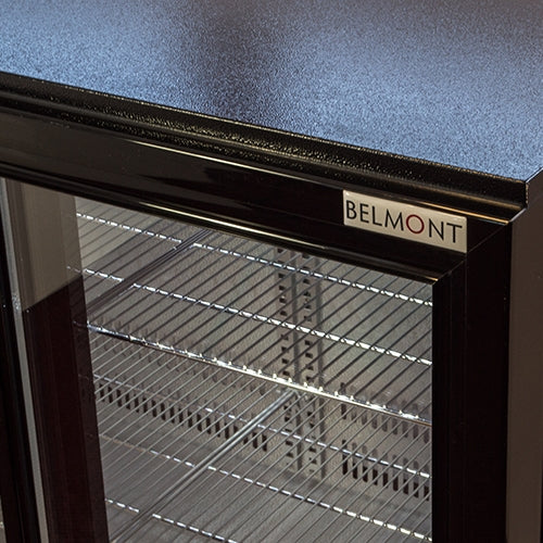 Belmont BC9027K-Belmont Double Sliding Door Bottle Cooler Black, Close Up View Of Sliding Door And Belmont Branding