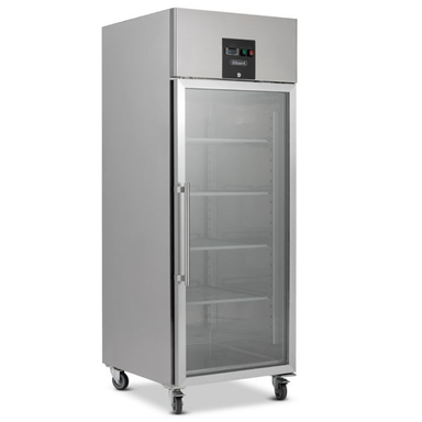 Blizzard BR1SSCR Upright Stainless Steel Single Hinged Glass Door Gastronorm Freezer Refrigerator Front/Left Side Angled View