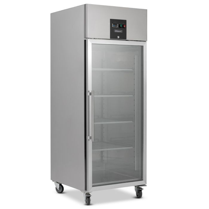 Blizzard BR1SSCR Upright Stainless Steel Single Hinged Glass Door Gastronorm Freezer Refrigerator Front/Left Side Angled View