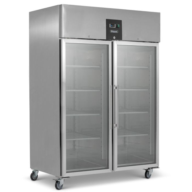 Blizzard BR2SSCR Stainless Steel Double Glass Door Ventilated Gastronorm Refrigerator 1300L Capacity, Angled Front/Left Side View