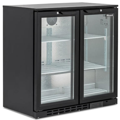 Blizzard BAR2 Double Hinged Glass Door Bottle Cooler Front/Side Angled View