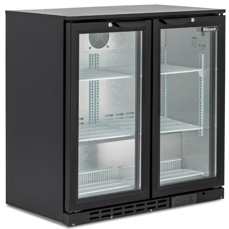 Blizzard BAR2 Double Hinged Glass Door Bottle Cooler Front/Side Angled View