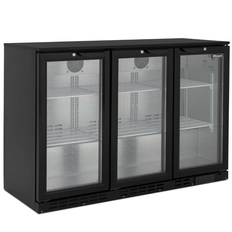 Blizzard BAR3 Triple Hinged Glass Door Bottle Cooler Angled Front/Side View