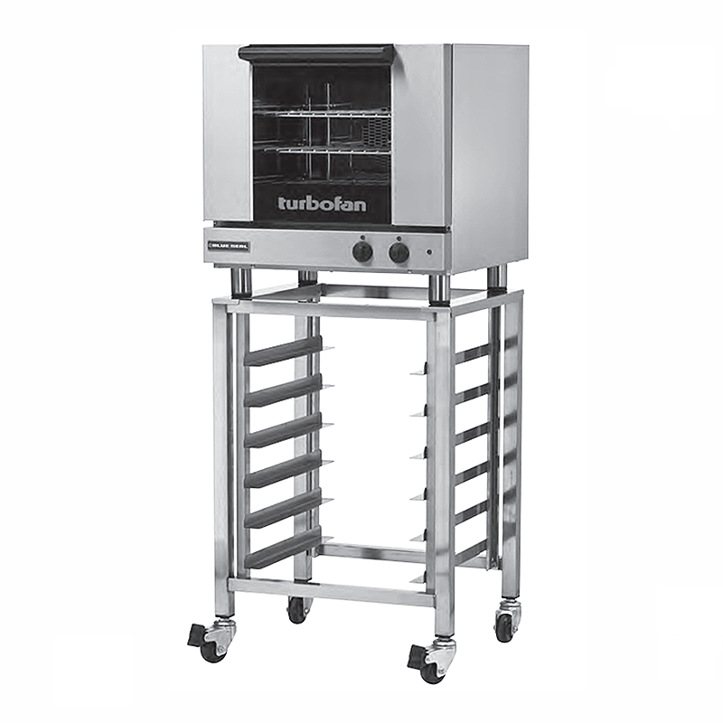 Blue Seal E23M3 Electric Convection Oven - Angled Front View On Turbofan SK23 Oven Stand (Not Included)