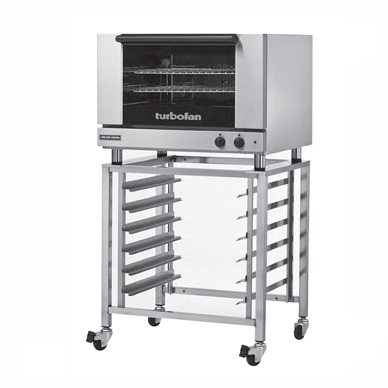 Blue Seal E27M2 Electric Convection Oven - Angled Front View Pictured On Turbofan Oven Stand (Not Included)