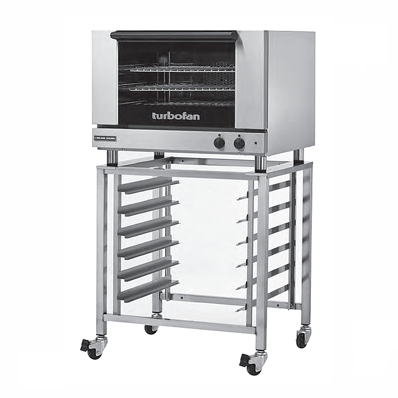 Blue Seal E27M3 Electric Convection Oven - Angled Front View Pictured On Turbofan Oven Stand (Not Included)