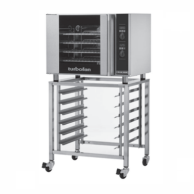 Blue Seal E31D4 Electric Convection Oven - Angled Front View On Turbofan Oven Stand (Not Included)