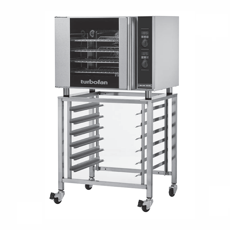 Blue Seal E31D4 Electric Convection Oven - Angled Front View On Turbofan Oven Stand (Not Included)