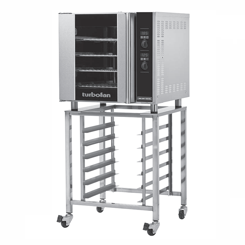 Blue Seal E32D4 Electric Convection Oven - Angled Front View On Turbofan Oven Stand (Not Included)