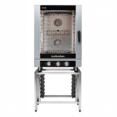 Blue Seal EC40M10 Electric Combination Oven - Front Facing View On Turbofan SK40-10A Oven Stand Accessory