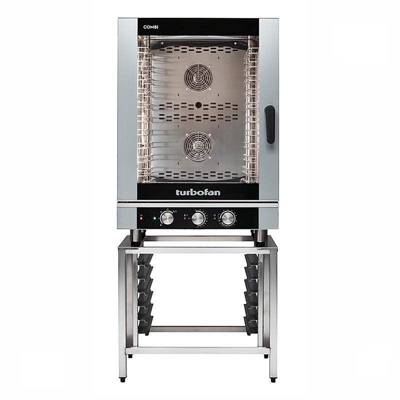 Blue Seal EC40M10 Electric Combination Oven - Front Facing View On Turbofan SK40-10A Oven Stand Accessory