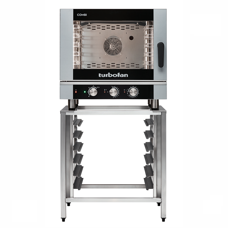 Blue Seal EC40M5 Combination Oven - Electric, Front Facing View On Turbofan SK40A Oven Stand Accessory