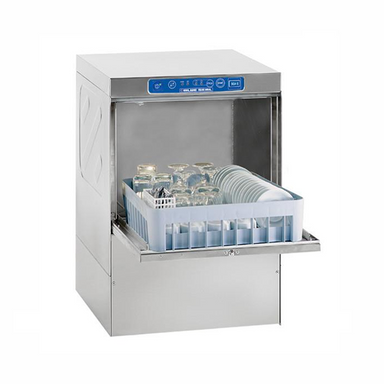 Blue Seal SG45EC2 Commercial Glasswasher - Angled Front View, Opened With Rack On Display