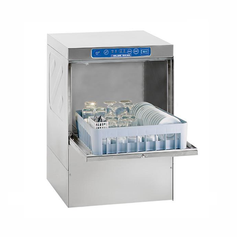 Blue Seal SG45EC2 Commercial Glasswasher - Angled Front View, Opened With Rack On Display