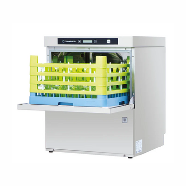 Comenda HB34 A Commercial Glasswasher With Water Softener - Angled Front View, Open With Rack On Display