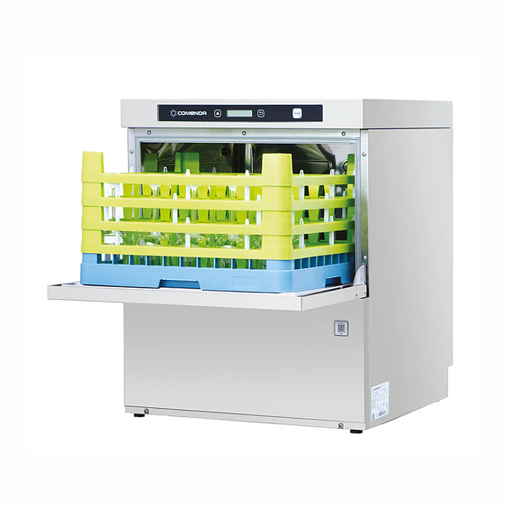 Comenda HB34 A Commercial Glasswasher With Water Softener - Angled Front View, Open With Rack On Display