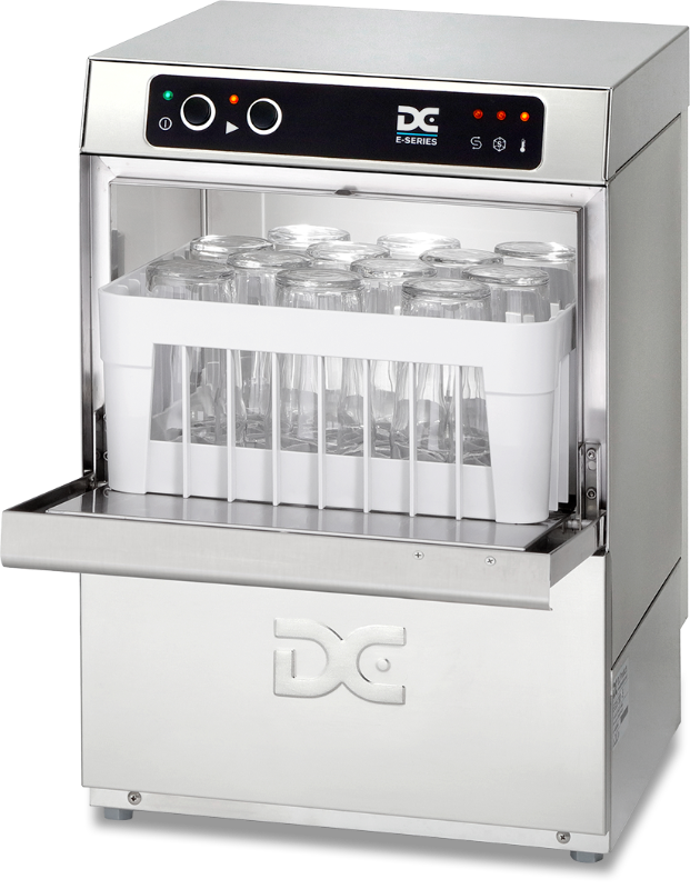 DC Economy Glasswasher - Frontloading EG35 D Angled front view showing the appliance open with glasses in the basket.