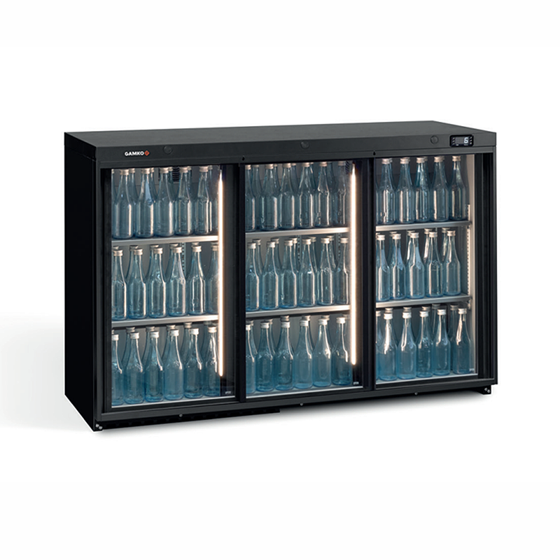 Gamko MG3/315SD Triple Sliding Door Black Bottle Cooler - Angled Front View