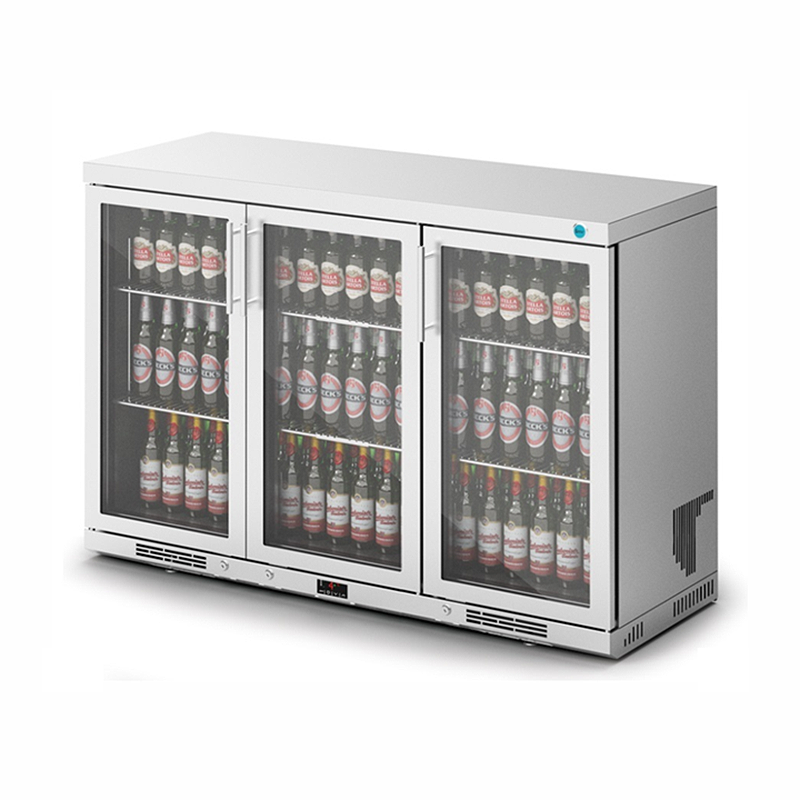 IMC F76/350 V135 Stainless Steel Triple Door Bottle Cooler - Angled Front/Right Side View