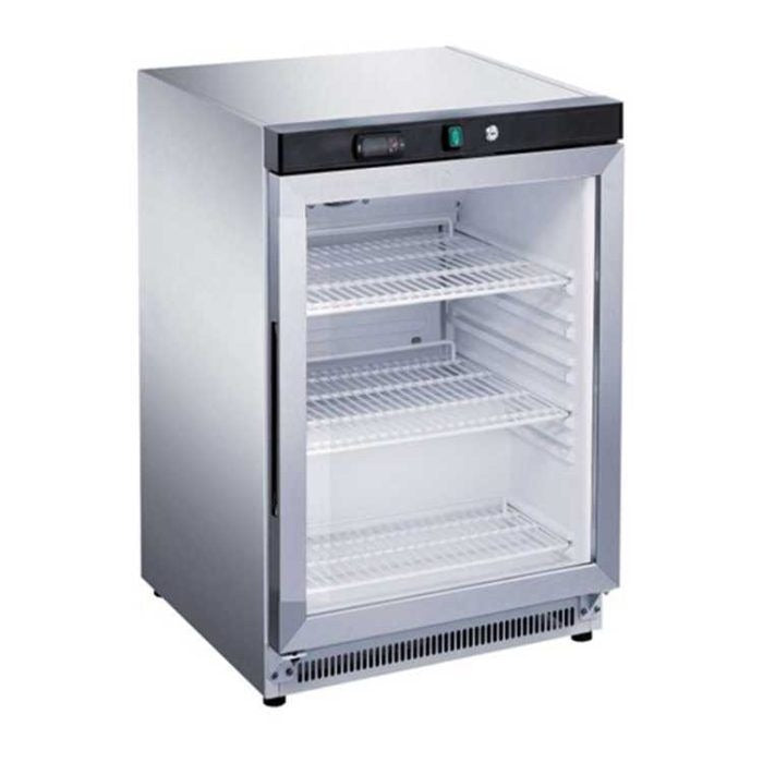 Koolmax KMC200G white under counter single glass door fridge with a digital display on top and a glass door showing the interior shelves.
