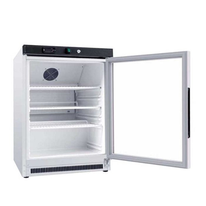 A Koolmax KMC200G white under counter single glass door fridge with a digital display on top and an open glass door showing the interior shelves.