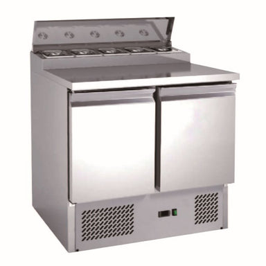 A Koolmax KMC2EN 2 Door Saladette Prep Counter Fridge with stainless steel surface, GN pan well and integrated refrigeration.