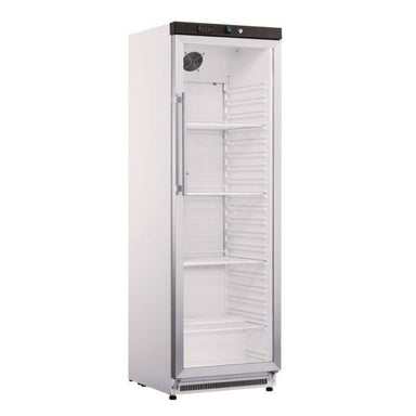 A Koolmax KMC400G white upright single glass door fridge with multiple shelves visible through the glass.