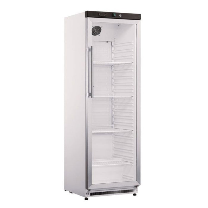 A Koolmax KMC400G white upright single glass door fridge with multiple shelves visible through the glass.