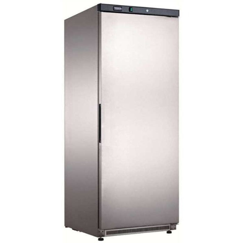 A Koolmax KMC600S stainless steel upright single door fridge with a solid door and a digital display on the top front.