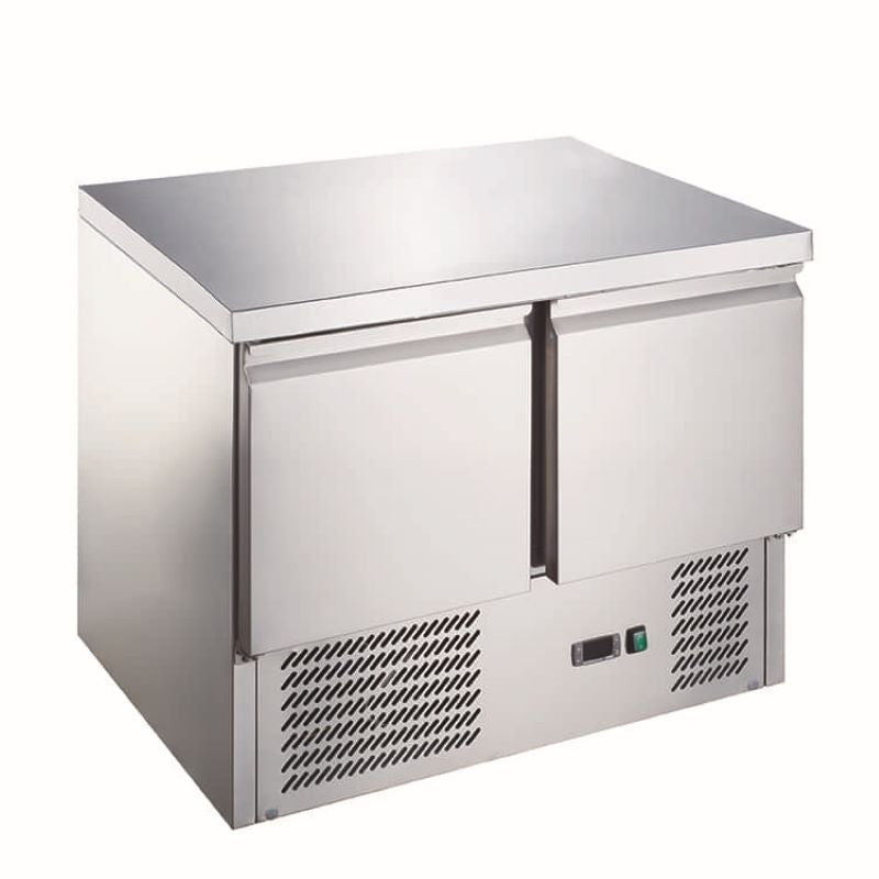 A Koolmax KMC902 2 Door Compact Counter Fridge with stainless steel top prep counter and under-counter refrigeration unit.