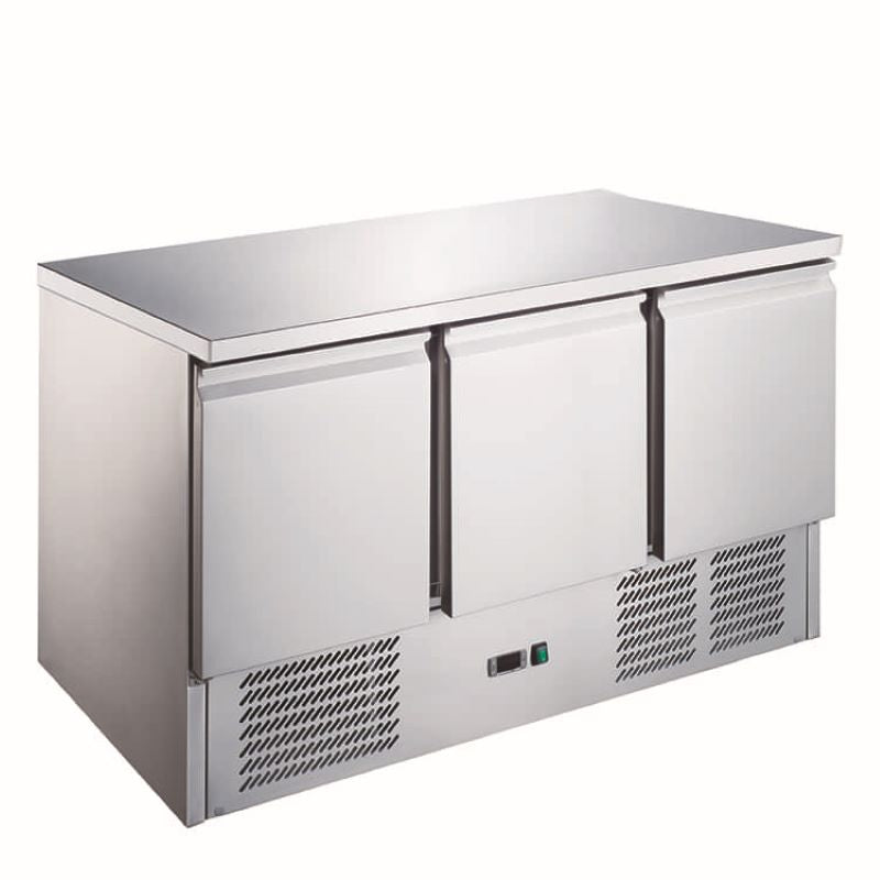 A Koolmax KMC903 3 Door Compact Counter Fridge with stainless steel top prep counter and under-counter refrigeration unit.