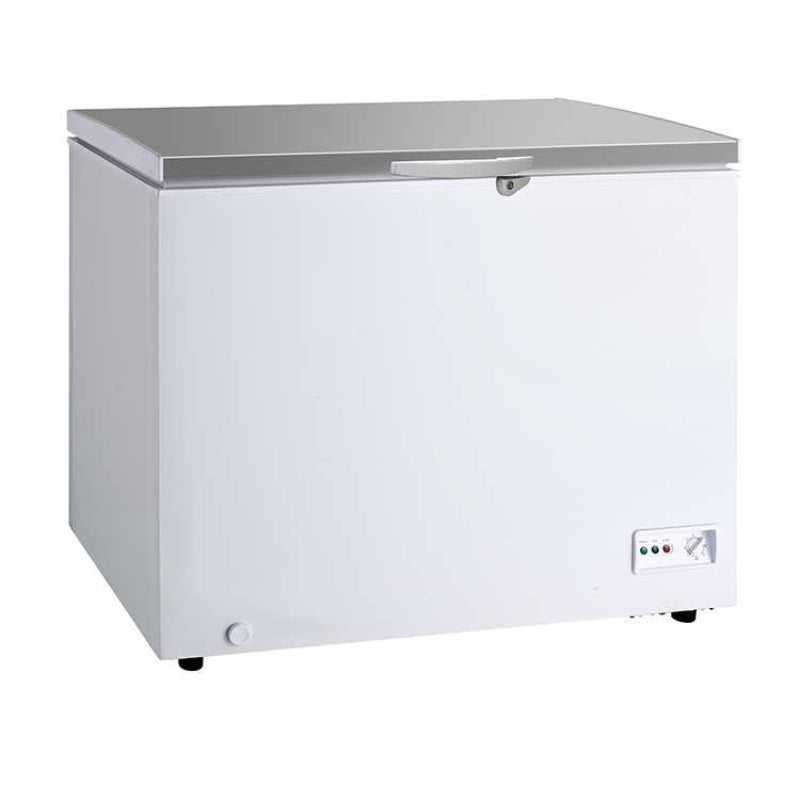 A Koolmax KMCF230S white chest freezer with a stainless steel lid, digital display, grip handle and lock and key system.